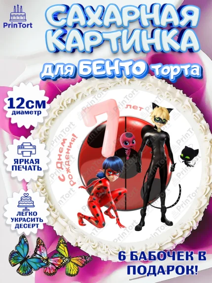 Сахарные круги 12см PT05, Леди Баг, Девочка, 7 лет, День рождения, арт. PT0509094