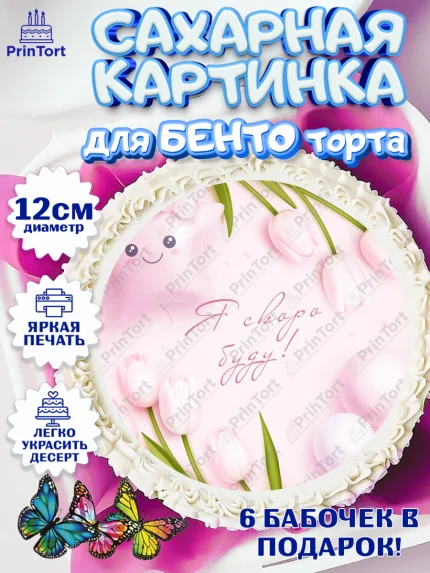 Сахарные круги 12см PT05, Я скоро буду, Новорожденный, Девочка, Рождение ребёнка, арт. PT0510427