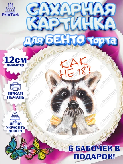 Сахарные круги 12см PT05, Енот, Животные, Девочка, День рождения, арт. PT0511447