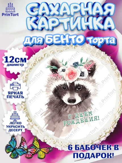 Сахарные круги 12см PT05, Енот, Животные, Девочка, День рождения, арт. PT0511449