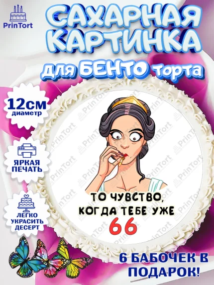 Сахарные круги 12см PT05, с днем рождения, Девушка, 66 лет, День рождения, арт. PT0511821
