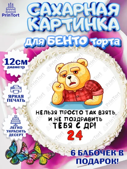 Сахарные круги 12см PT05, с днем рождения, Девушка, 24 года, День рождения, арт. PT0512418