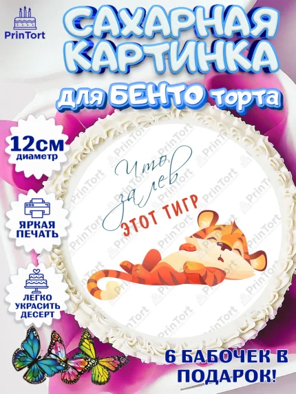 Сахарные круги 12см PT05, Что за лев этот тигр, тигр, бабочка, звезды, Мальчик, День рождения, арт. PT0516311