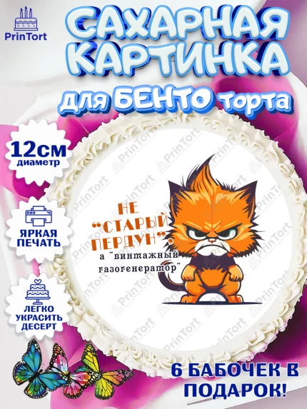 Сахарные круги 12см PT05, Не старый пердун, кот, часы, усы, мяч, бабочка, Мальчик, День рождения, арт. PT0516337