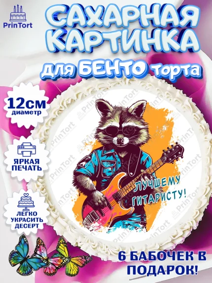 Сахарные круги 12см PT05, Гитара, енот, очки, Мальчик, День рождения, арт. PT0516997