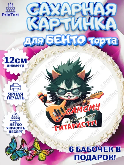 Сахарные круги 12см PT05, Гитара, кот, музыка, Мальчик, День рождения, арт. PT0517014