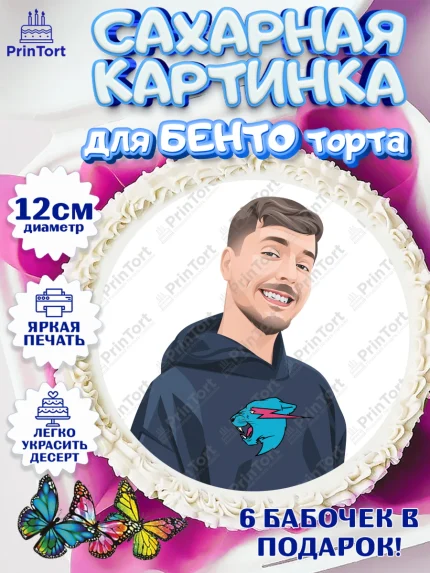 Сахарные круги 12см PT05, Мистер Бист, mister beast, ютуб, youtube, Девочка, День рождения, арт. PT0517033