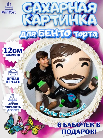 Сахарные круги 12см PT05, Мистер Бист, mister beast, ютуб, youtube, Девочка, День рождения, арт. PT0517034