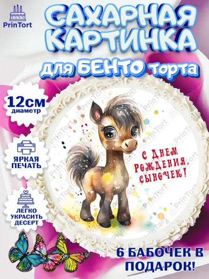 Сахарные круги 12см PT05, Пони, лошадка, сердце, Мальчик, День рождения, арт. PT0517060