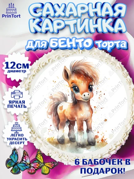 Сахарные круги 12см PT05, Пони, лошадка, корона, смайл, Девочка, День рождения, арт. PT0517072