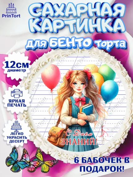 Сахарные круги 12см PT05, 1 сентября, школьница, девочка, ученица, звонок, тетради, учебник, арт. PT0518375