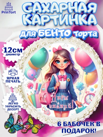Сахарные круги 12см PT05, 1 сентября, школьница, девочка, ученица, звонок, тетради, учебник, арт. PT0518383