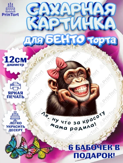 Сахарные круги 12см PT05, Прикольные животные, обезьяна, животные, звери, забавные животные, Девушка, арт. PT0518453