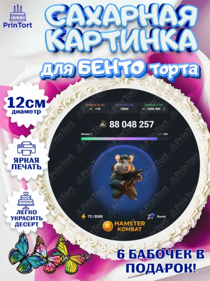 Сахарные круги 12см PT05, Хамстер Комбат, тапающий хомяк, биткоин, Девочка, День рождения, арт. PT0518560