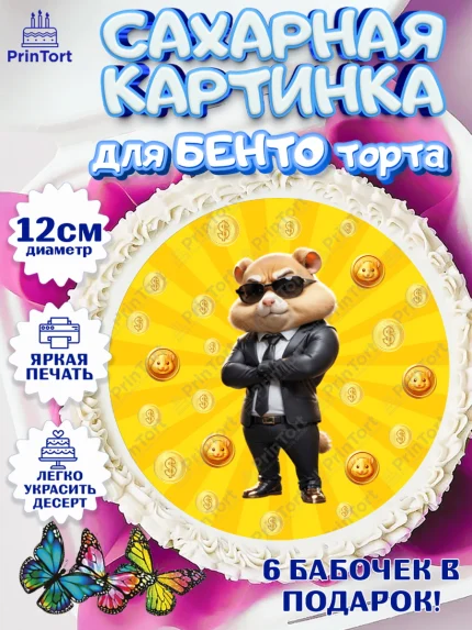 Сахарные круги 12см PT05, Хамстер Комбат, тапающий хомяк, биткоин, Девочка, День рождения, арт. PT0518563