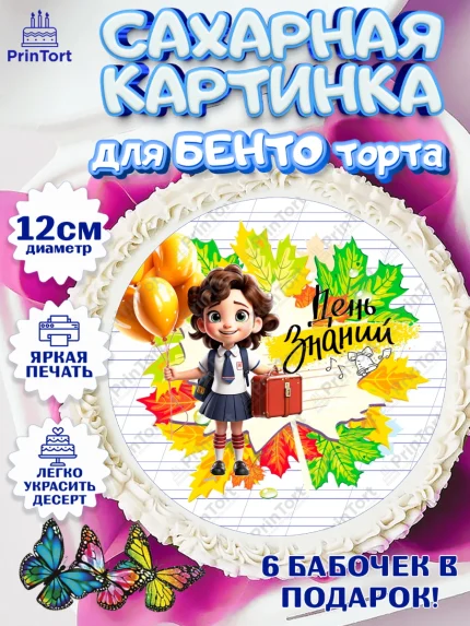 Сахарные круги 12см PT05, 1 сентября, Девочка, школьница, шарики, учебник, школа, день знаний, осень, арт. PT0518607