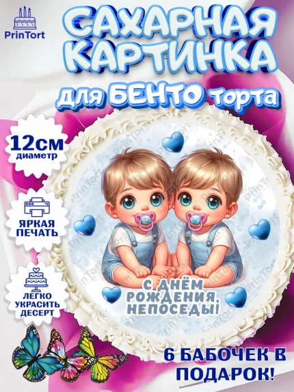 Сахарные круги 12см PT05, Близнецы, мальчики, двойня, малыши, Девочка, День рождения, арт. PT0518710