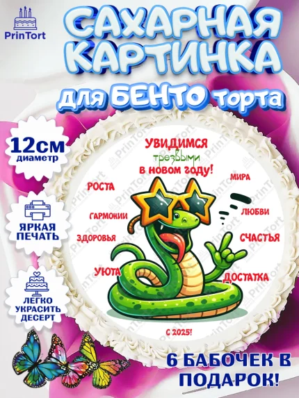 Сахарные круги 12см PT05, Новый год, Новый 2025 год, Год змеи, Змея, 2025 год, елка, Девочка, арт. PT0518954