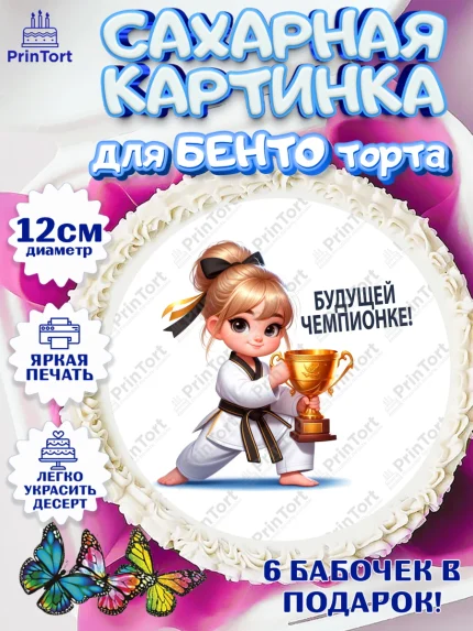 Сахарные круги 12см PT05, Тхэквондо, спорт, борьба, кубок, победа, медаль, Девочка, День рождения, арт. PT0519849
