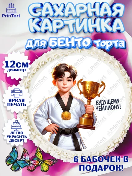 Сахарные круги 12см PT05, Тхэквондо, спорт, борьба, кубок, победа, медаль, Девочка, День рождения, арт. PT0519850