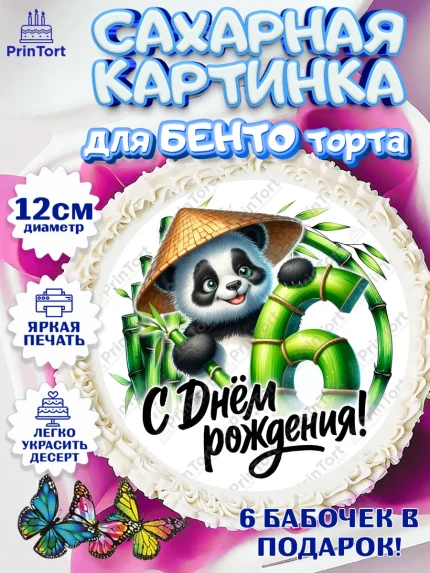 Сахарные круги 12см PT05, День рождения, панда, бамбук, сердце, цифра 6, Девочка, арт. PT0520191