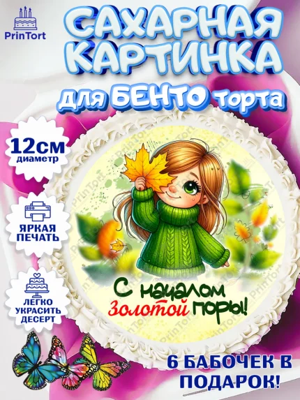 Сахарные круги 12см PT05, День рождения, осень, осенняя пора, листья, девочка, осенние листья, арт. PT0520213