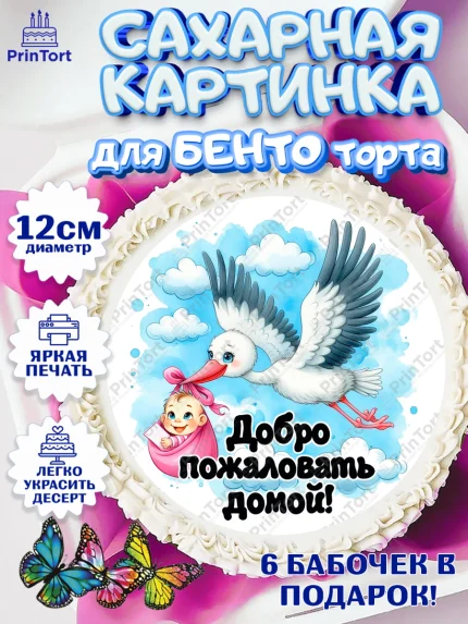 Сахарные круги 12см PT05, С рождением дочки, девочка, дочка, малышка, ребенок, аист, погремушки, арт. PT0520688