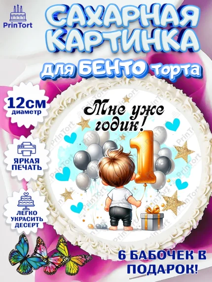 Сахарные круги 12см PT05, День Рождение малыша, Мальчик, 1 год, День рождения, арт. PT0520888