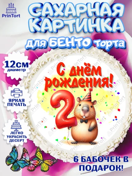 Сахарные круги 12см PT05, День рождения, Капибара, праздник, Девочка, 2 года, арт. PT0521389