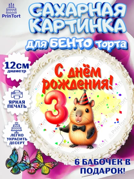 Сахарные круги 12см PT05, День рождения, Капибара, праздник, Девочка, 3 года, арт. PT0521390