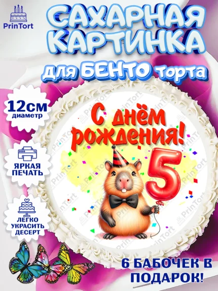 Сахарные круги 12см PT05, День рождения, Капибара, праздник, Девочка, 5 лет, арт. PT0521392