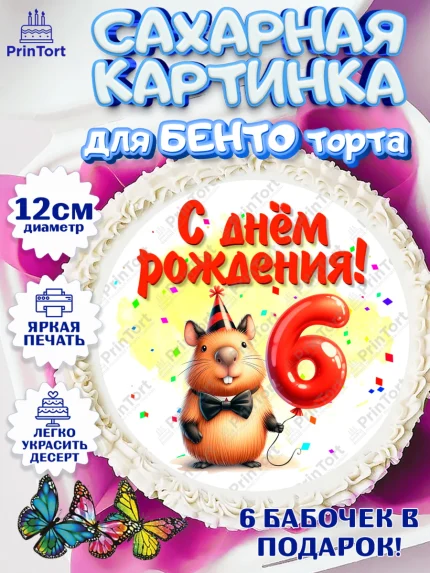 Сахарные круги 12см PT05, День рождения, Капибара, праздник, Девочка, 6 лет, арт. PT0521393