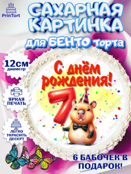 Сахарные круги 12см PT05, День рождения, Капибара, праздник, Девочка, 7 лет, арт. PT0521394