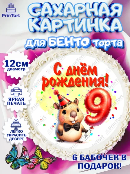 Сахарные круги 12см PT05, День рождения, Капибара, праздник, Девочка, 9 лет, арт. PT0521396