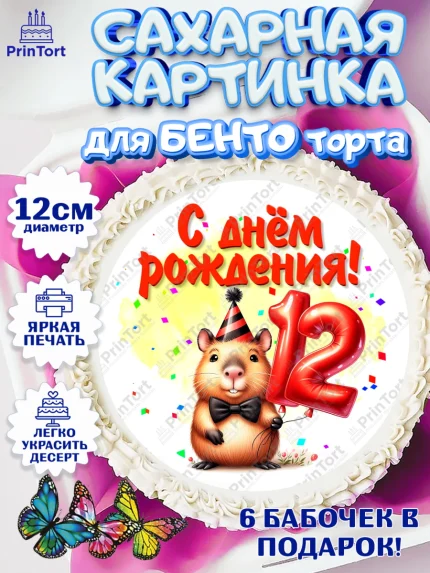 Сахарные круги 12см PT05, День рождения, Капибара, праздник, Девочка, 12 лет, арт. PT0521399