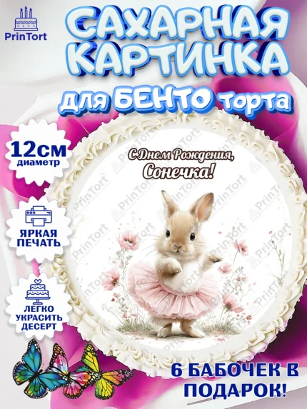 Сахарные круги 12см PT05, С Днём Рождения!, Поздравление с Днем Рождения! Заец, цветы, поларок, арт. PT0523757