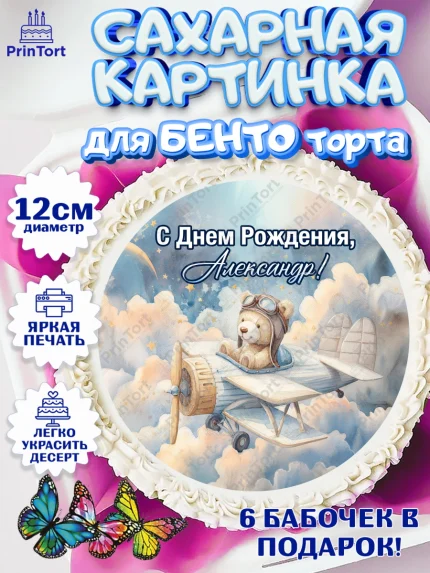 Сахарные круги 12см PT05, С Днём Рождения!, Мишка в облаках, звезды, подарок, арт. PT0523858