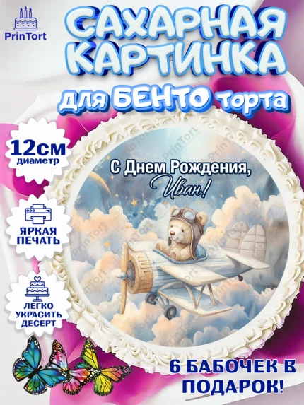 Сахарные круги 12см PT05, С Днём Рождения!, Мишка в облаках, звезды, подарок, арт. PT0523861