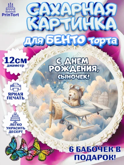 Сахарные круги 12см PT05, С Днём Рождения!, Мишка в облаках, звезды, подарок, арт. PT0523876