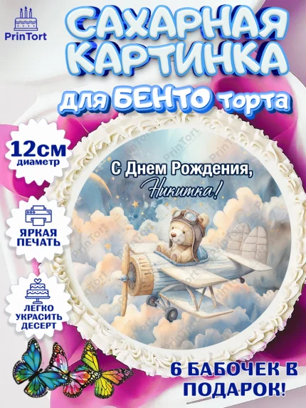 Сахарные круги 12см PT05, С Днём Рождения!, Мишка в облаках, звезды, подарок, арт. PT0523890