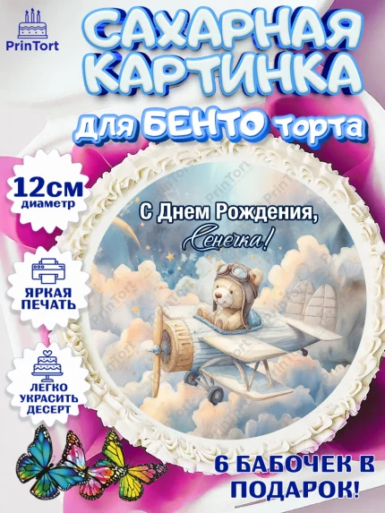 Сахарные круги 12см PT05, С Днём Рождения!, Мишка в облаках, звезды, подарок, арт. PT0523893