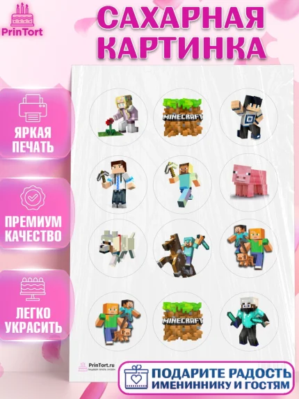 Сахарная картинка, Майнкрафт, Мальчик, День рождения, арт. PT100085