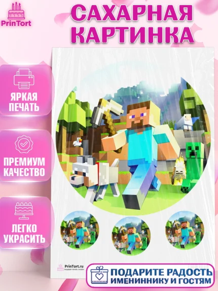 Сахарная картинка, Майнкрафт, Мальчик, День рождения, арт. PT100087
