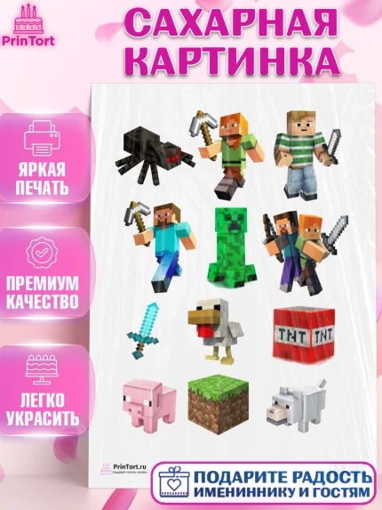 Сахарная картинка, Майнкрафт, Мальчик, День рождения, арт. PT100089