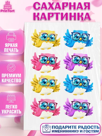 Сахарная картинка, Сова, Съедобное украшение, Девочка, День рождения, арт. PT100207