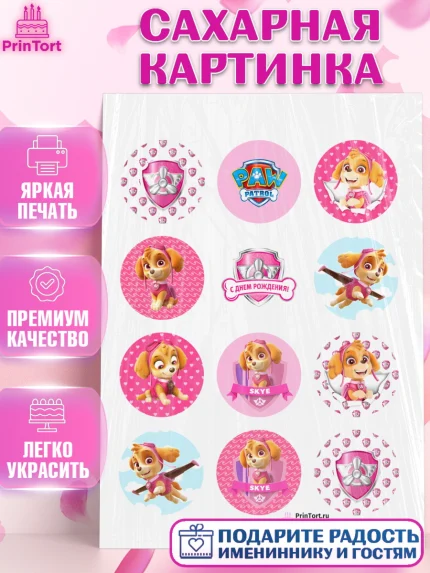 Сахарная картинка, Щенячий патруль, Девочка, День рождения, арт. PT100990