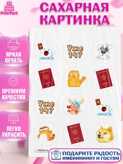 Сахарная картинка, Паспорт, Получение паспорта, Девочка, 14 лет, День рождения, арт. PT102321