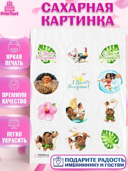 Сахарная картинка, Моана, Принцесса, Девочка, День рождения, арт. PT102555