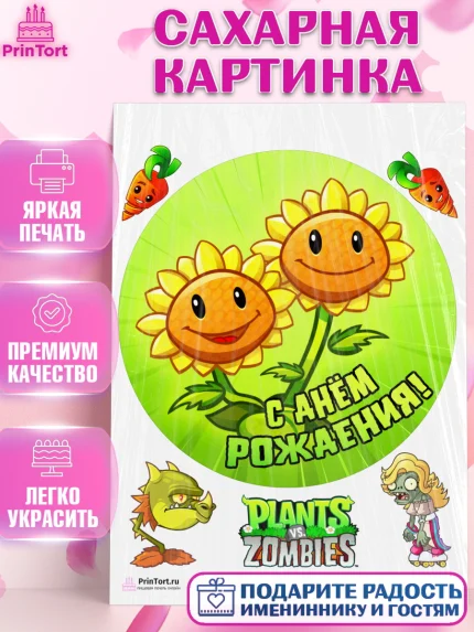 Сахарная картинка, Растения против зомби, Девочка, День рождения, арт. PT102903