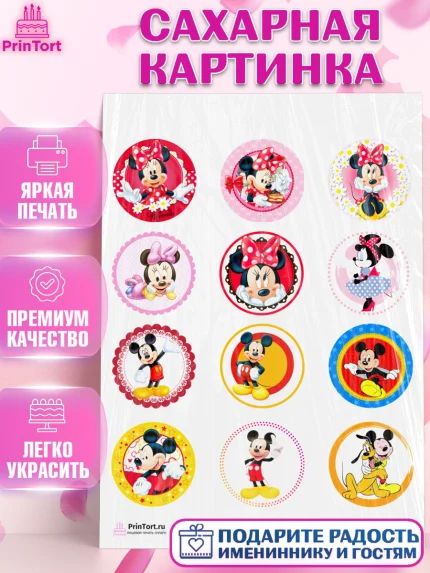 Сахарная картинка, Микки Маус, Минни Маус, Девочка, День рождения, арт. PT103365